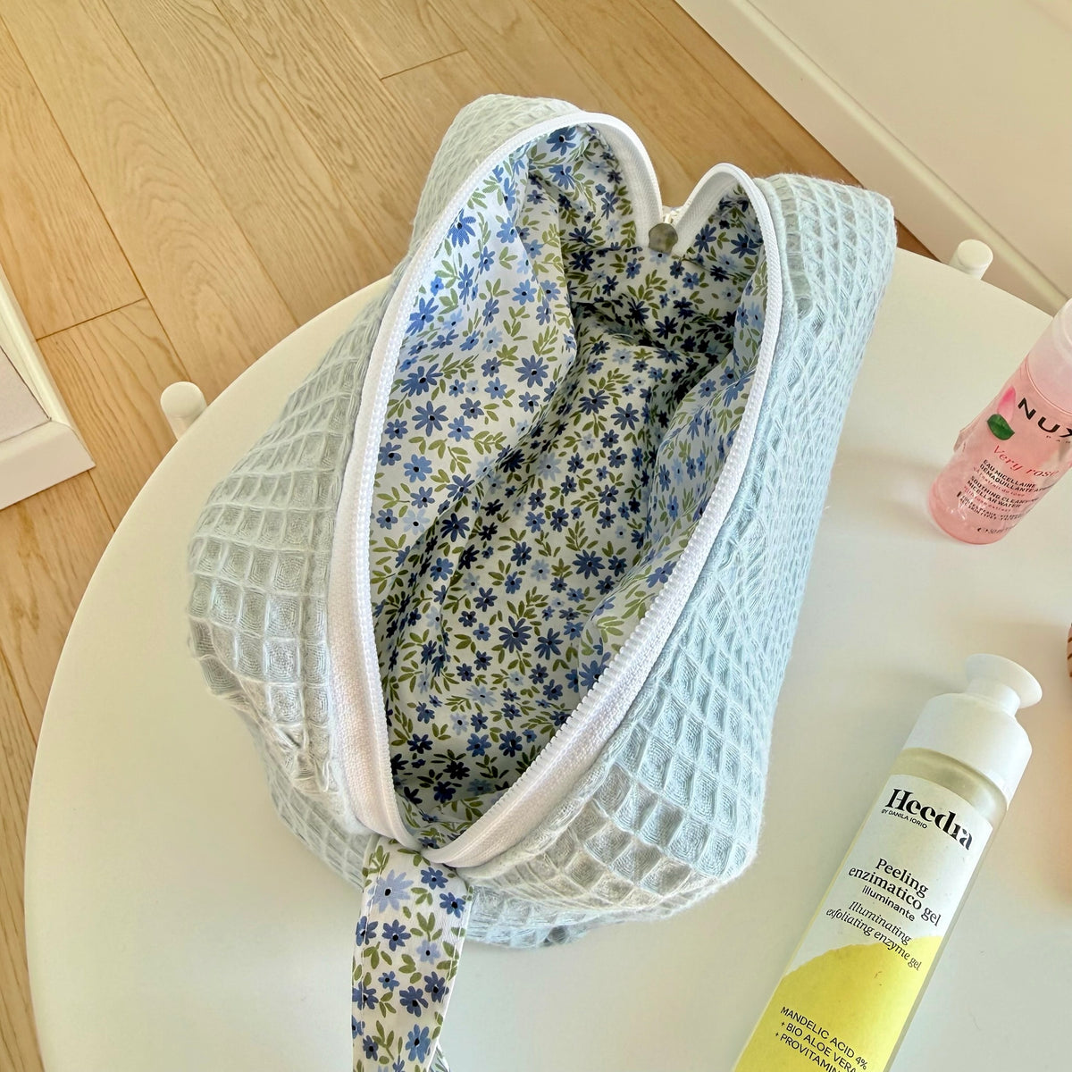 BEAUTY CASE mini waffle azzurro fiori blu