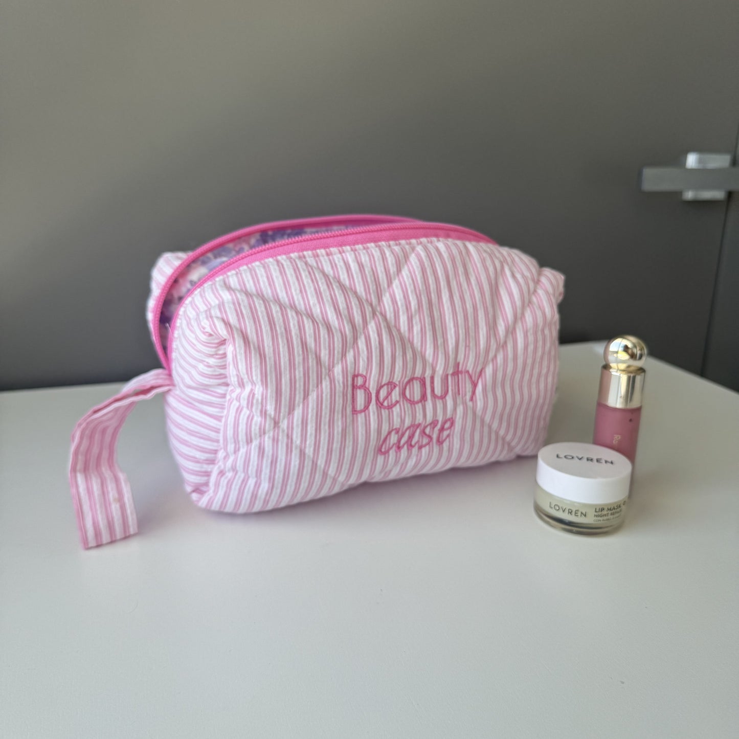 Bubble Beauty case tessuto righe rosa e fiori lilla