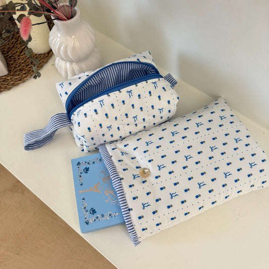 SET Portalibro e Bubble beauty case Tessuto Tulipani BLU  💙
