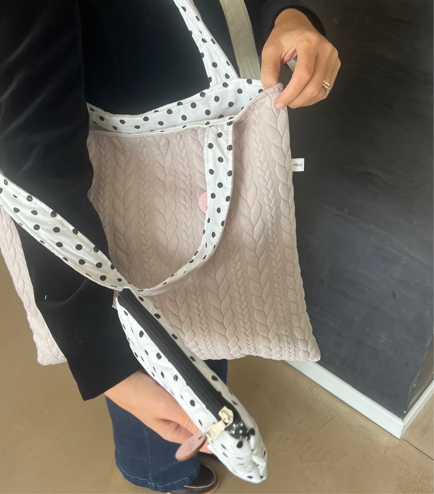 SET Tote bag trecce/ pois più pochette pois
