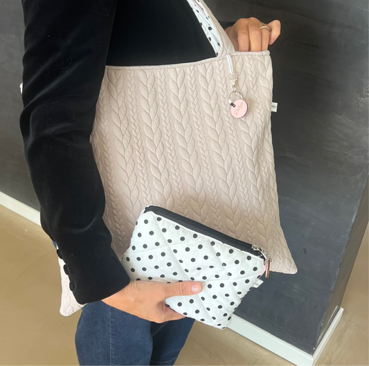 SET Tote bag trecce/ pois più pochette pois