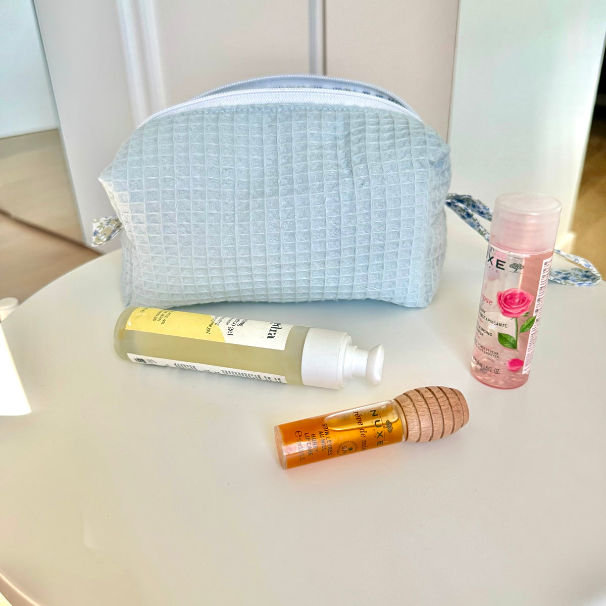 BEAUTY CASE mini waffle azzurro fiori blu
