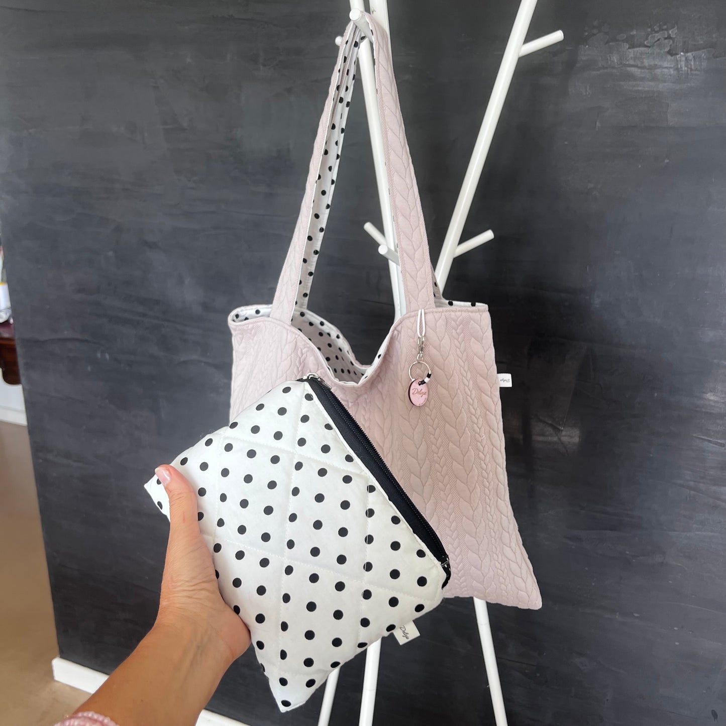 SET Tote bag trecce/ pois più pochette pois