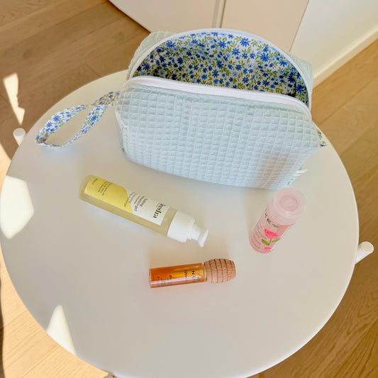 BEAUTY CASE mini waffle azzurro fiori blu