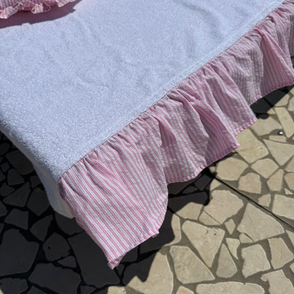TELO MARE con frappine a righe rosa, ricamo nome compreso