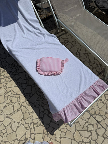 TELO MARE con frappine a righe rosa, ricamo nome compreso