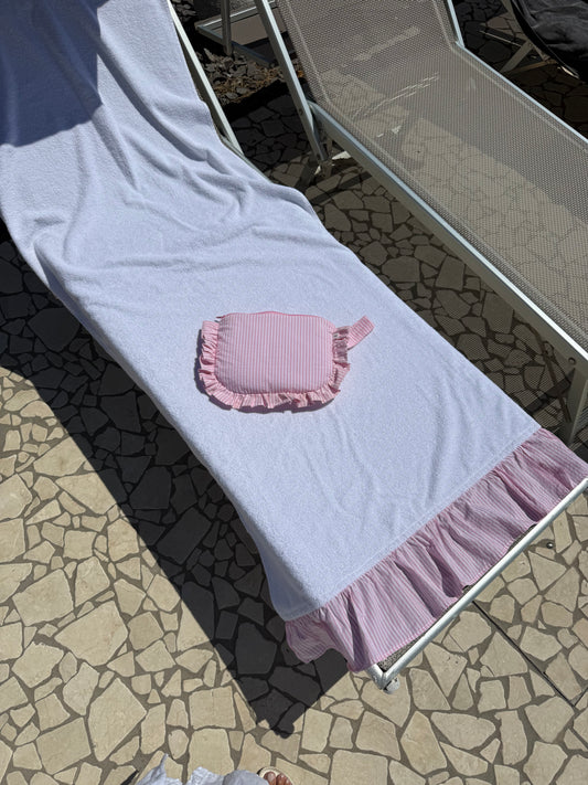 TELO MARE con frappine a righe rosa, ricamo nome compreso
