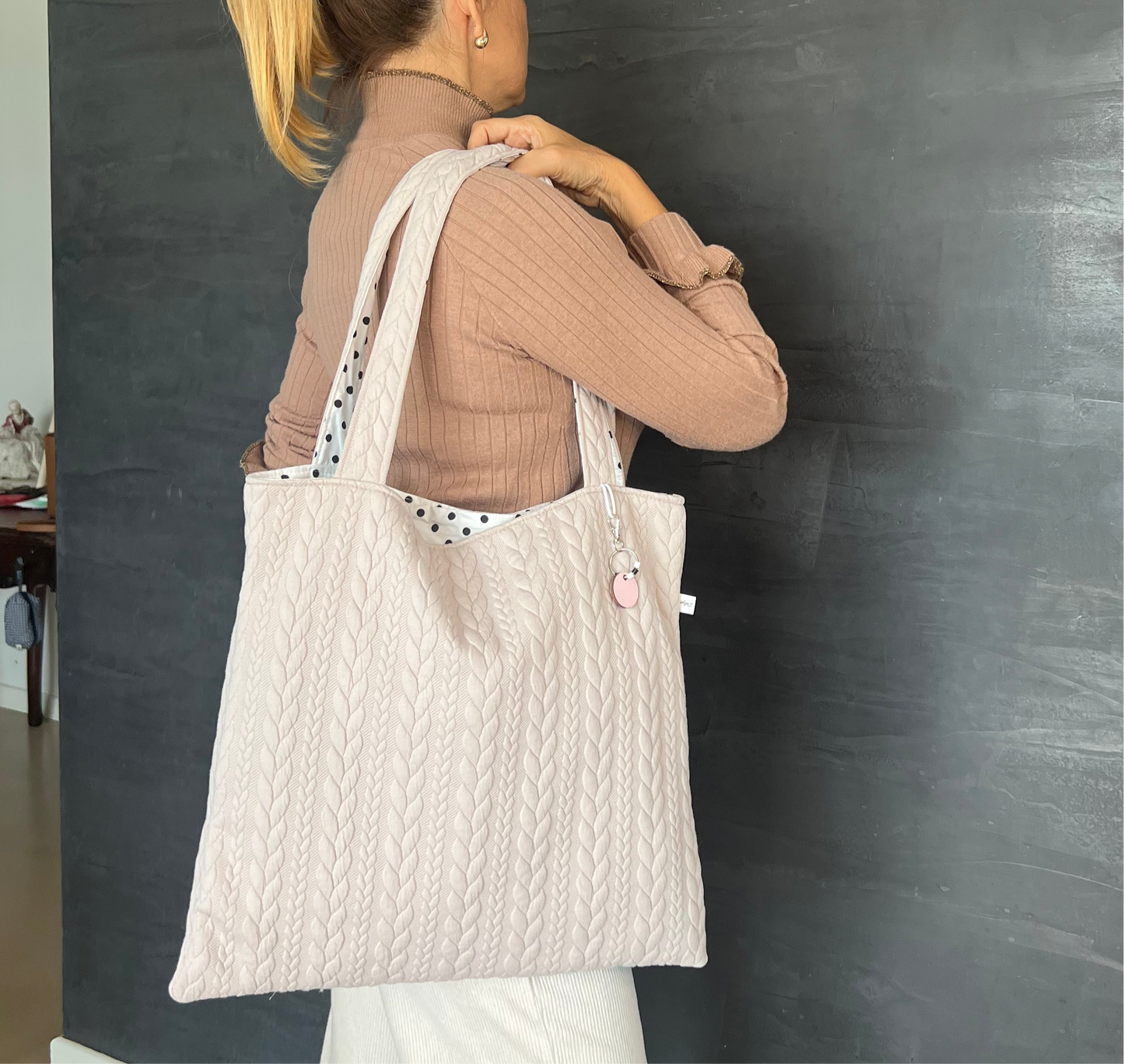SET Tote bag trecce/ pois più pochette pois