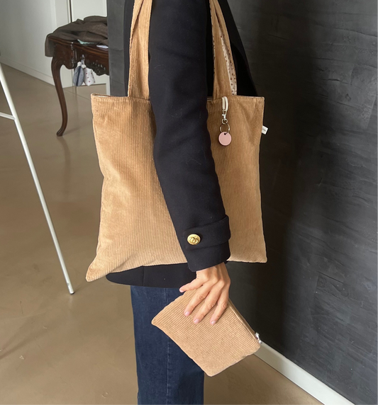 SET Tote bag velluto a coste cammello con Pochette abbinata