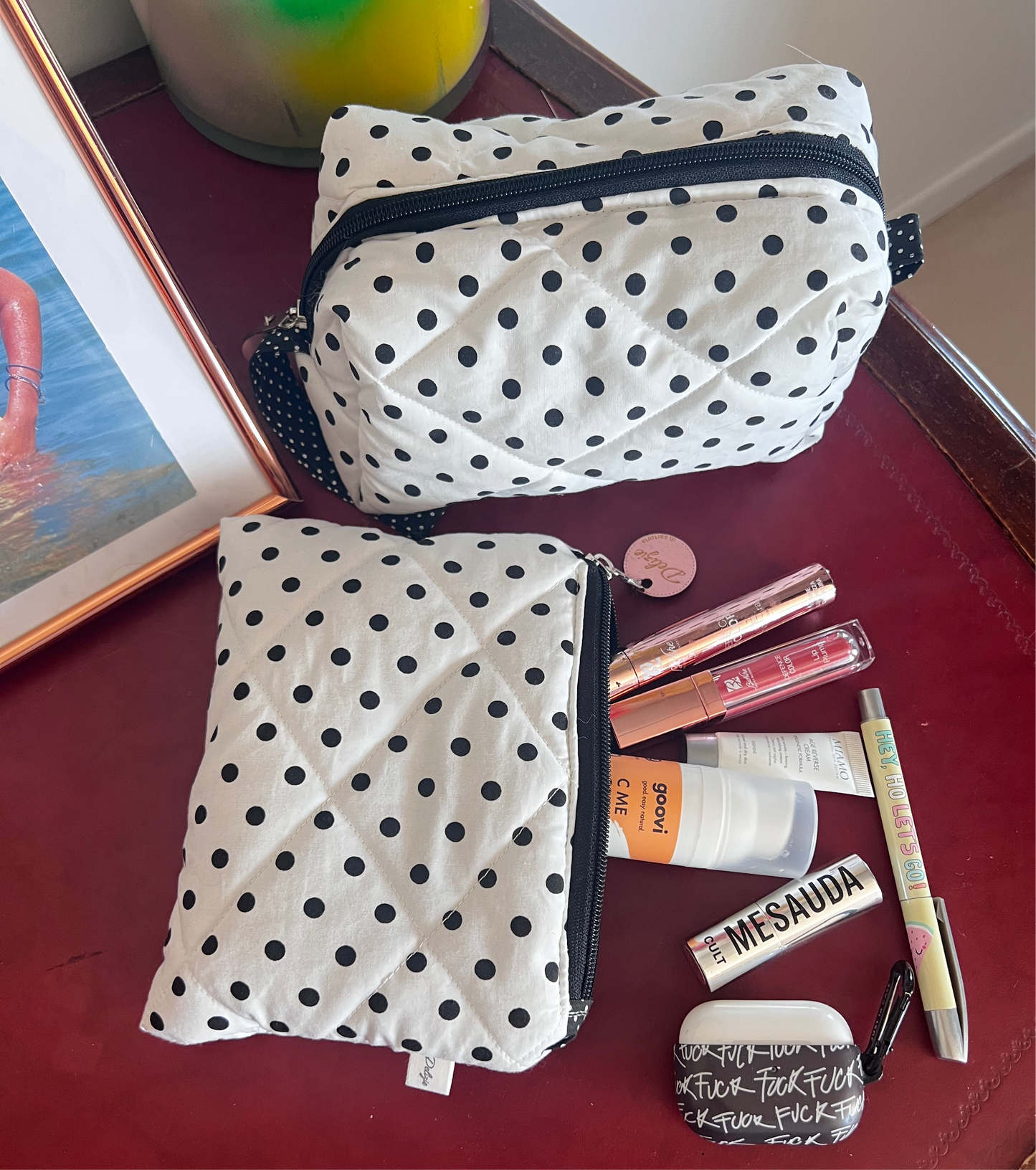 SET Tote bag trecce/ pois più pochette pois