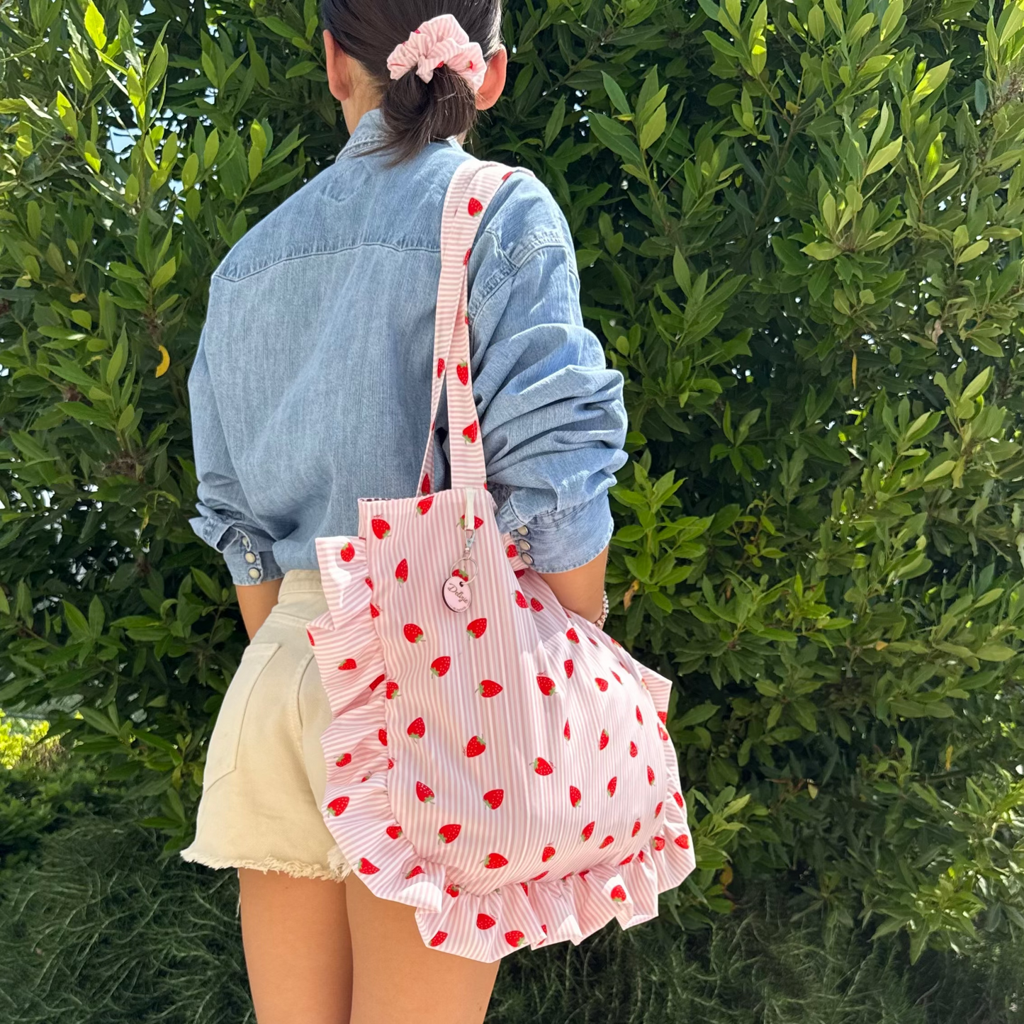 Tote Bag con rouches tessuto righe e fragole