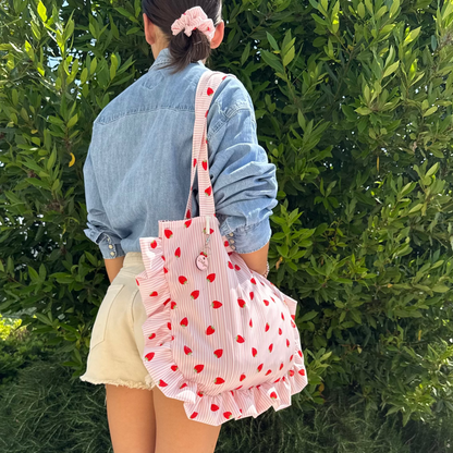 Tote Bag con rouches tessuto righe e fragole