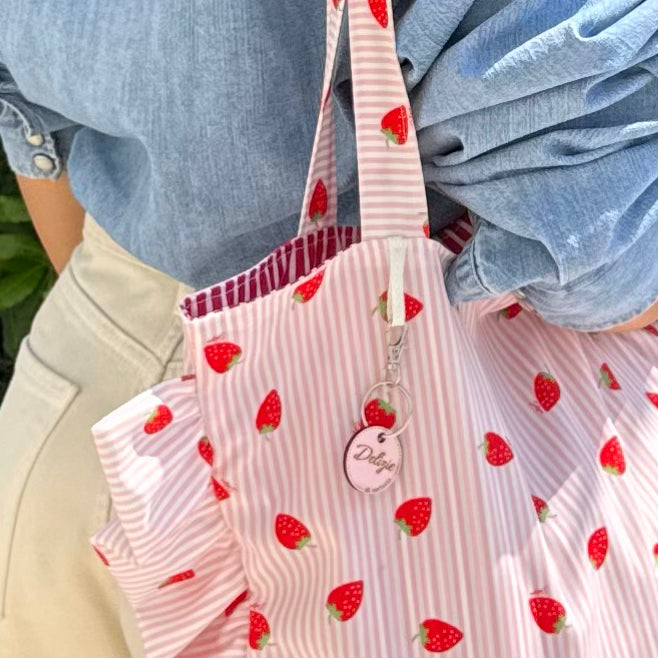 Tote Bag con rouches tessuto righe e fragole