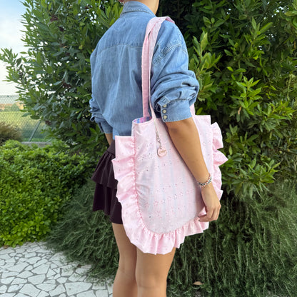 Tote Bag con rouches sangallo rosa