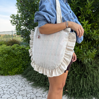 Tote Bag con rouches sangallo beige