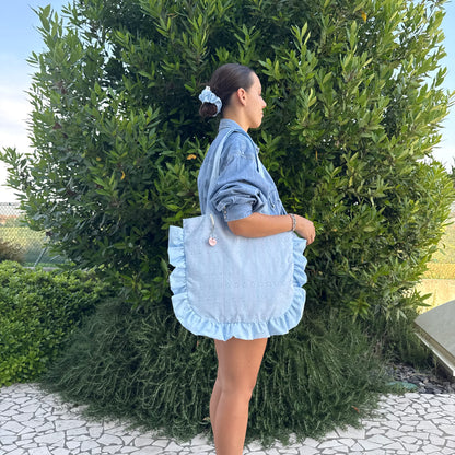 SET Tote Bag e pochette con rouches sangallo azzurro