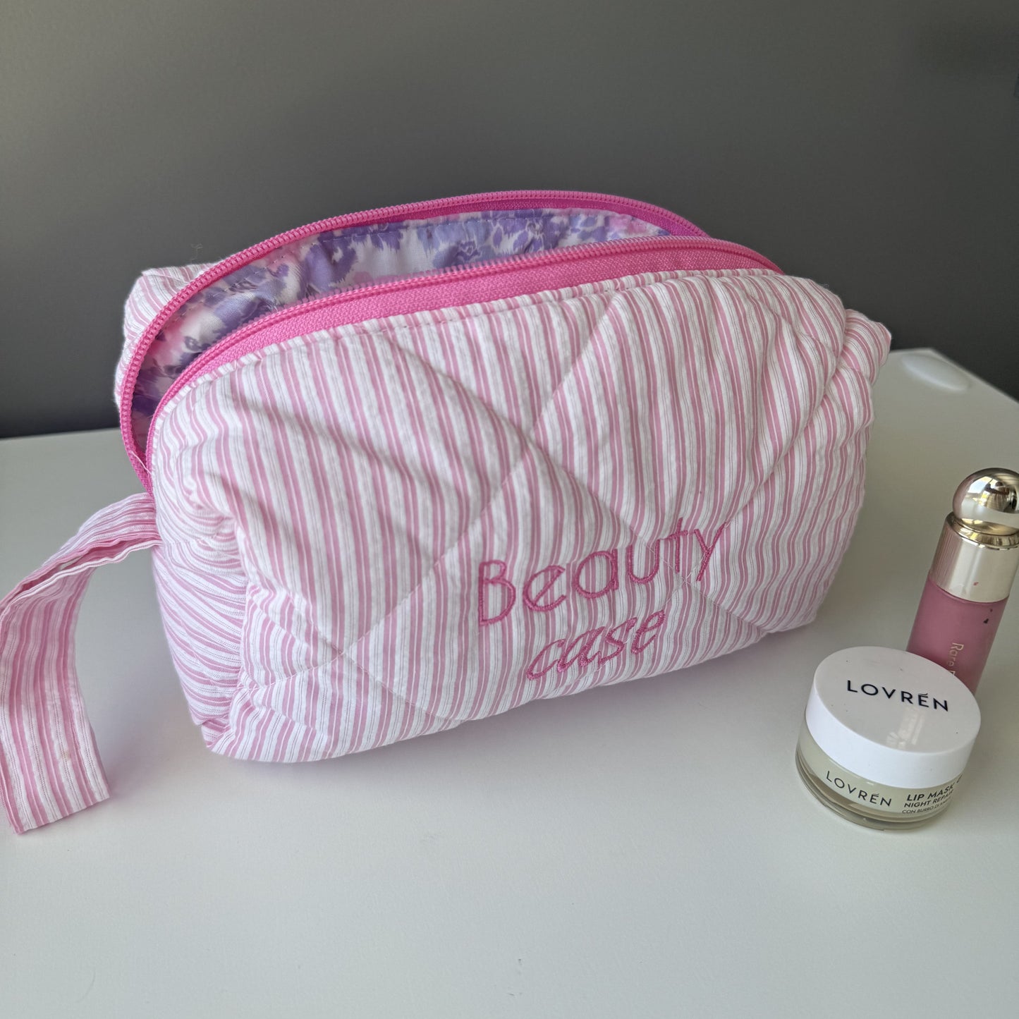 Bubble Beauty case tessuto righe rosa e fiori lilla