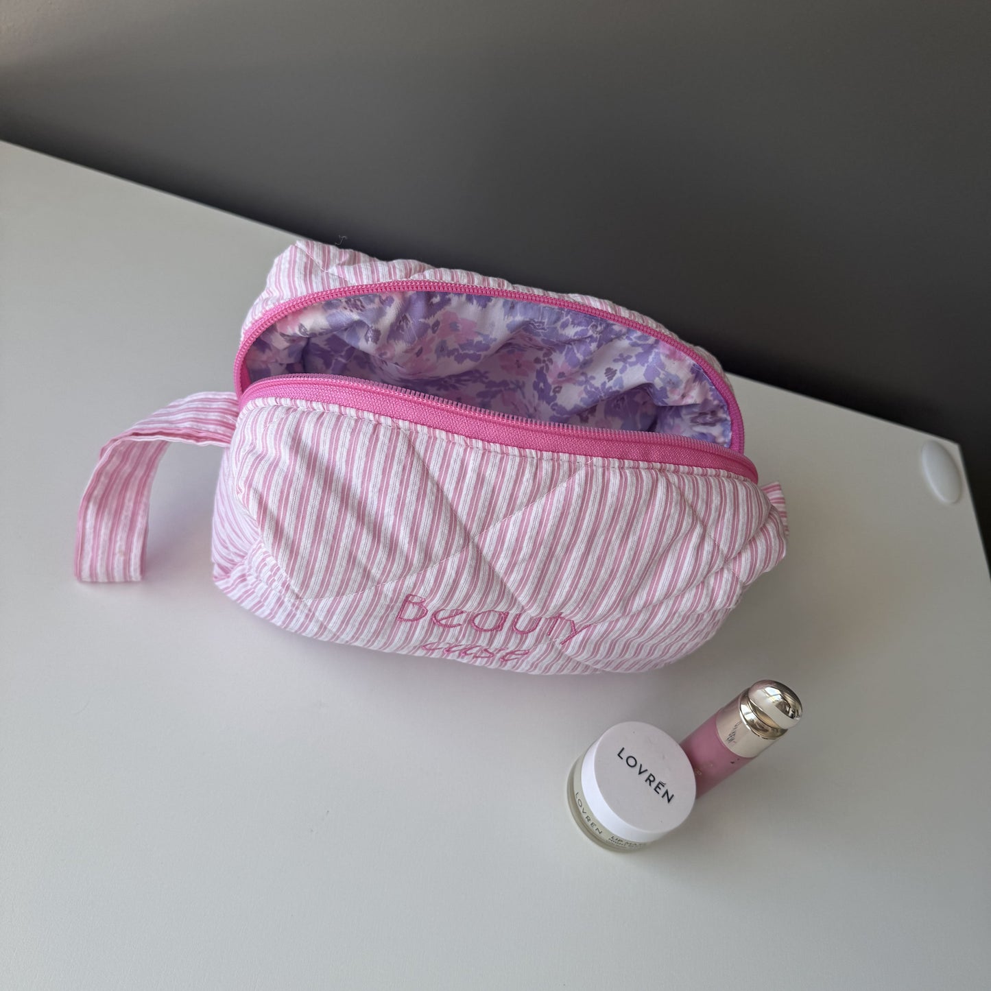 Bubble Beauty case tessuto righe rosa e fiori lilla