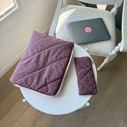 Custodia Porta Pc + astuccio Pois borgogna righe rosa