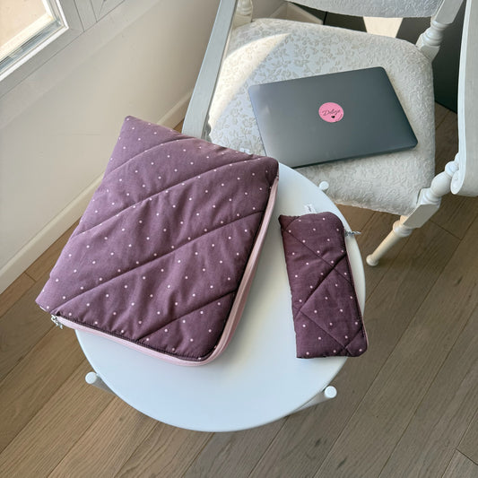 Custodia Porta Pc + astuccio Pois borgogna righe rosa