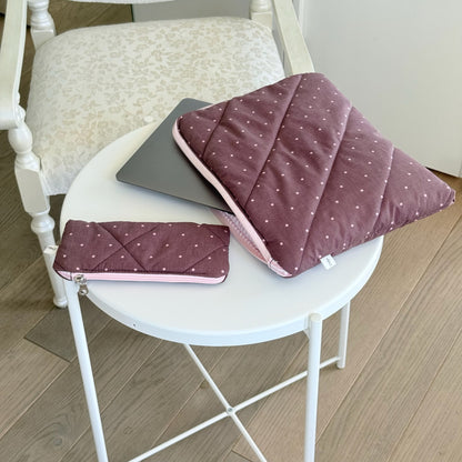 Custodia Porta Pc + astuccio Pois borgogna righe rosa