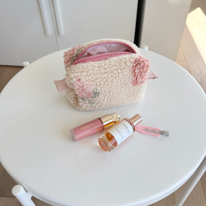 Mini beauty case pelliccia rose tela rosa