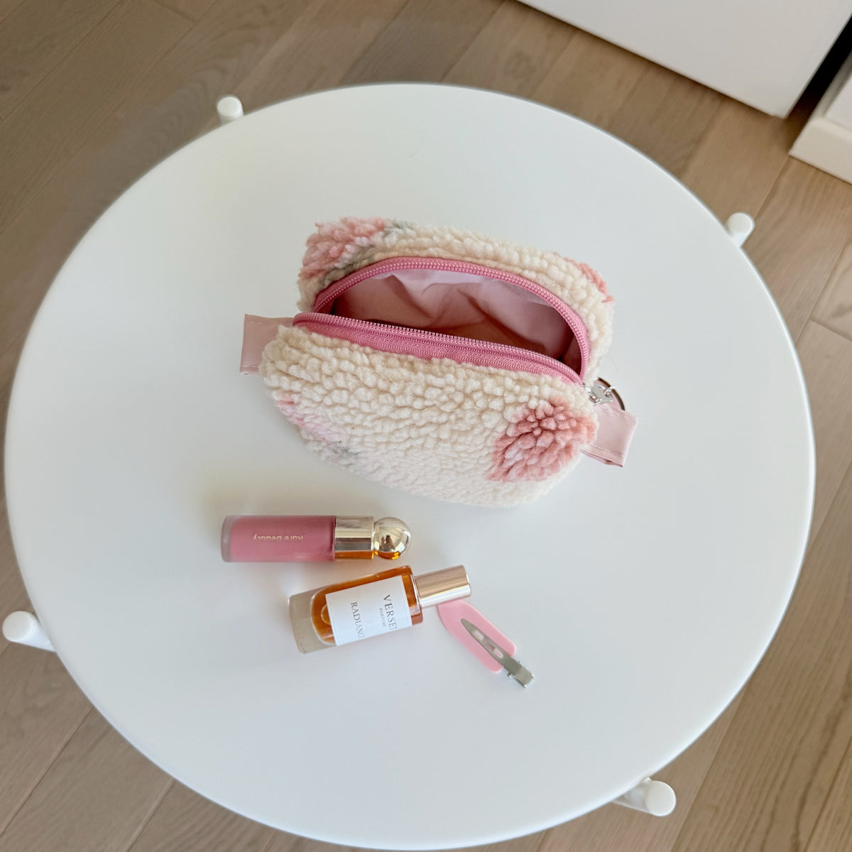 Mini beauty case pelliccia rose tela rosa