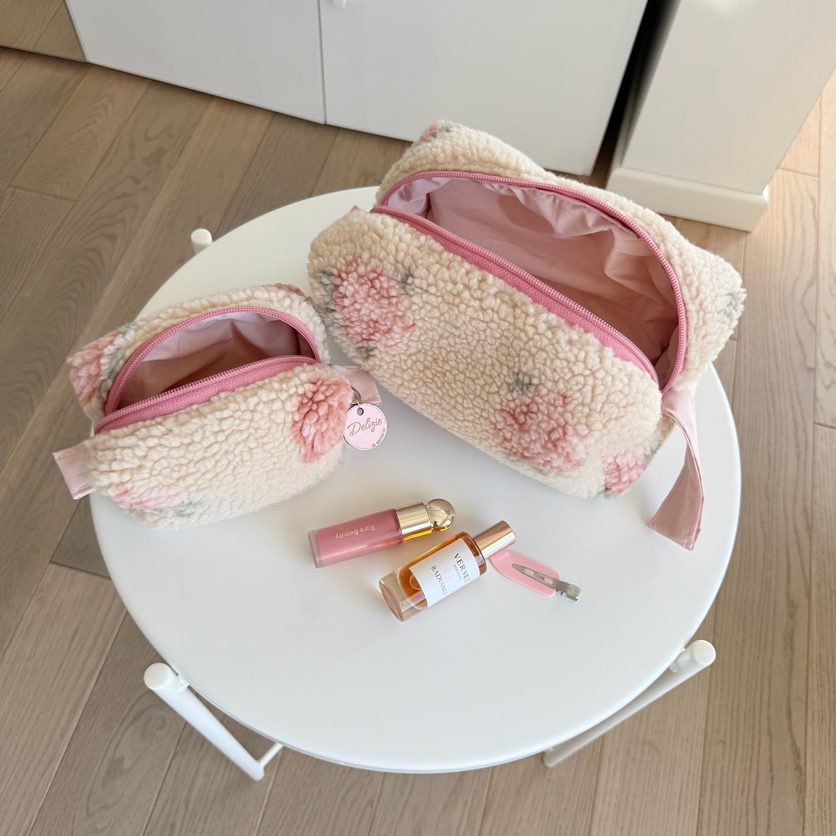 BEAUTY CASE pelliccia rose tela rosa